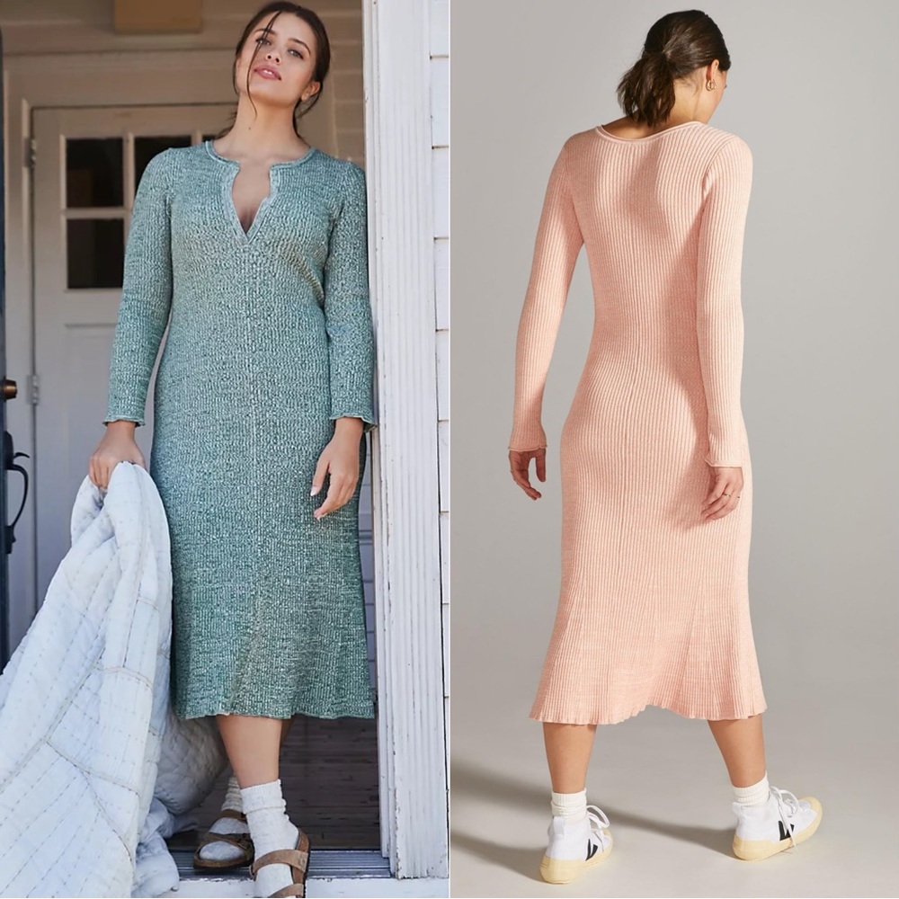 Anthropologie Peach Ribbed V-Neck Midi Dress